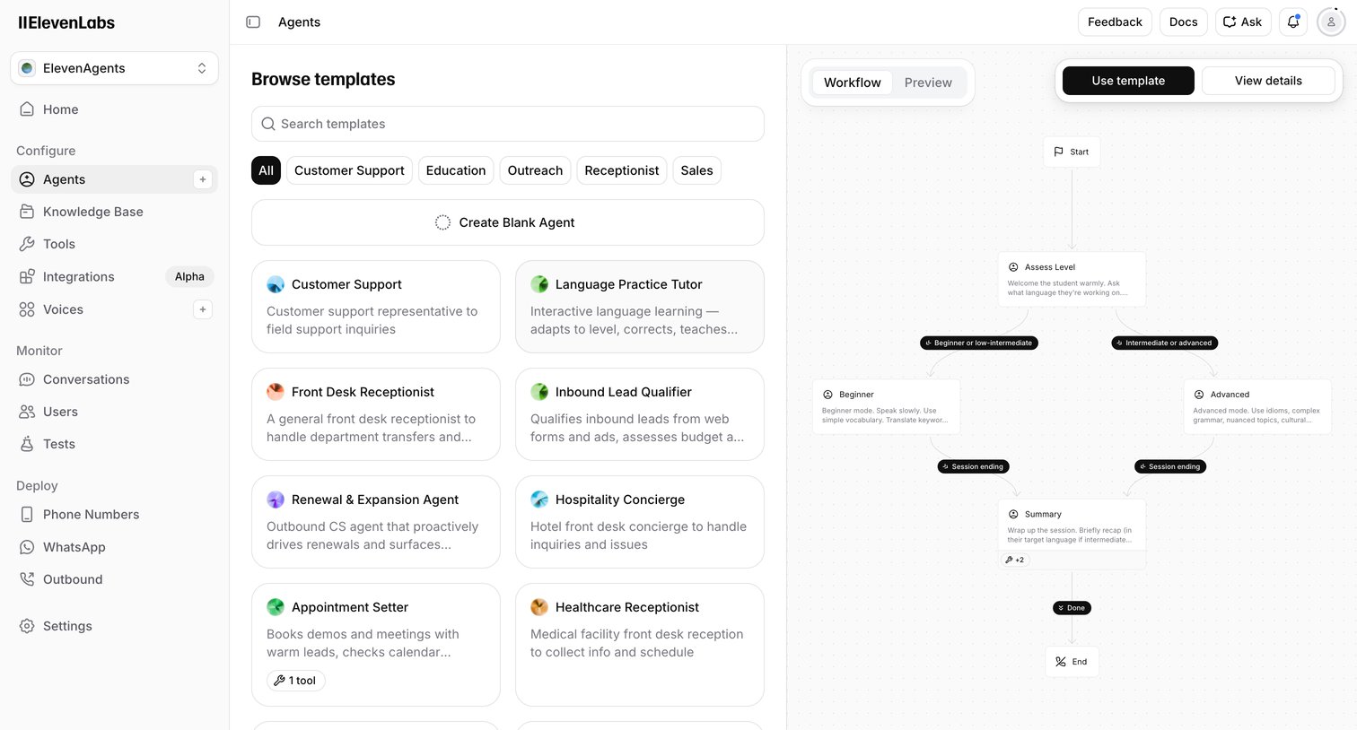 Elevenlabs - Agents | ElevenLabs screen