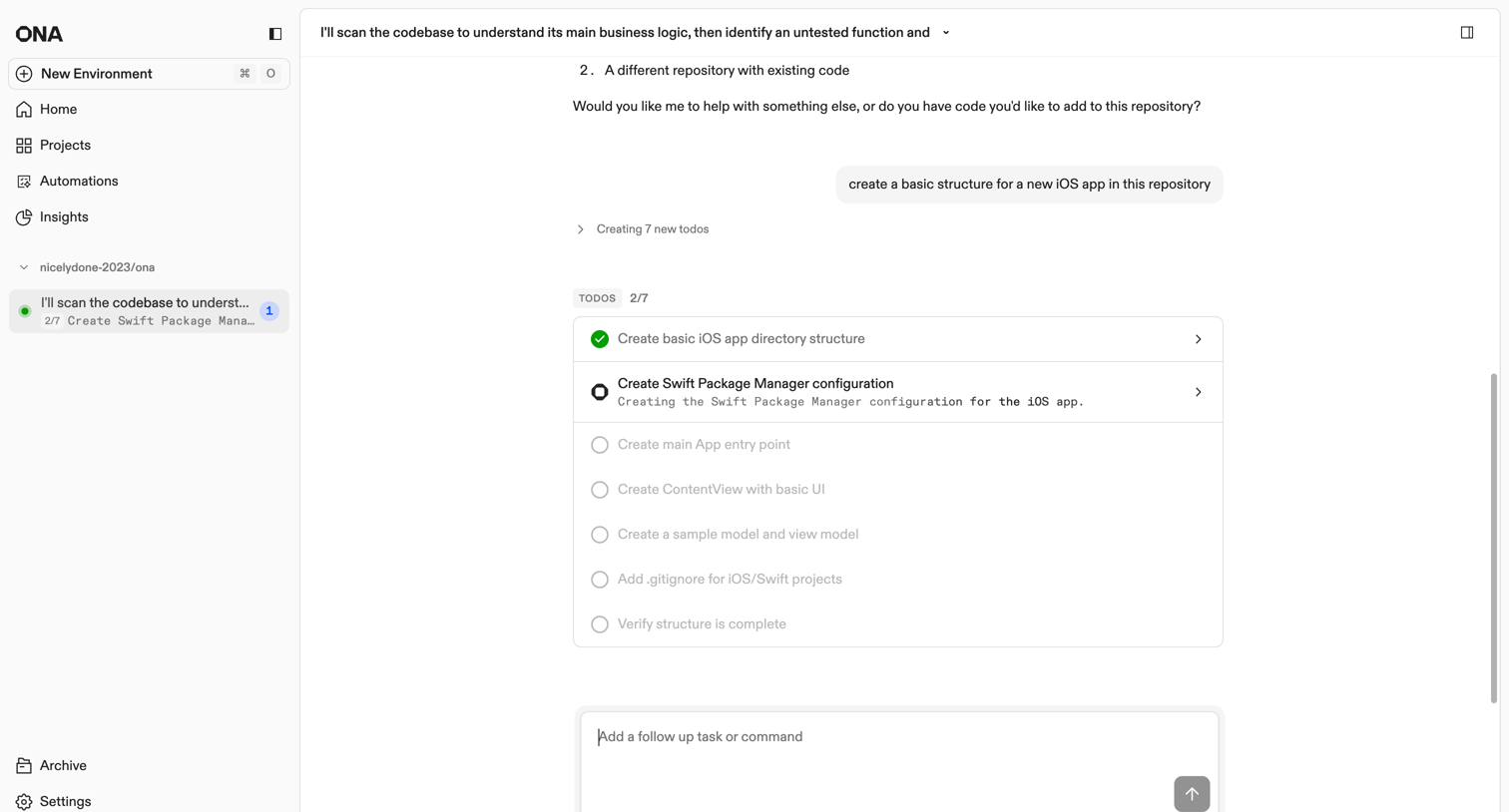 Ona - I'll scan the codebase to understand its main business logic, then identify an untested function and | Ona screen