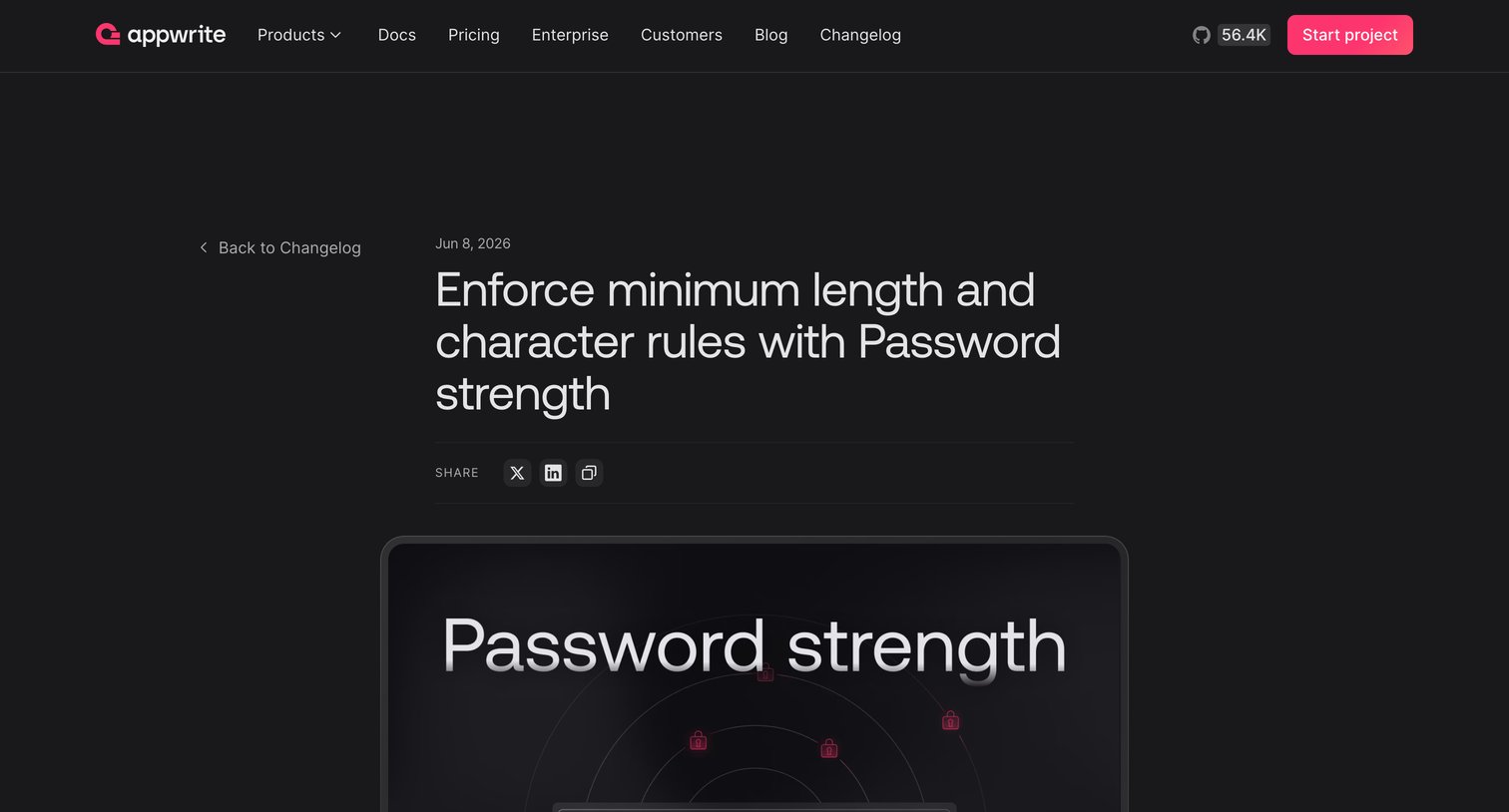 Appwrite - Enforce minimum length and character rules with Password strength - Changelog - Appwrite screen