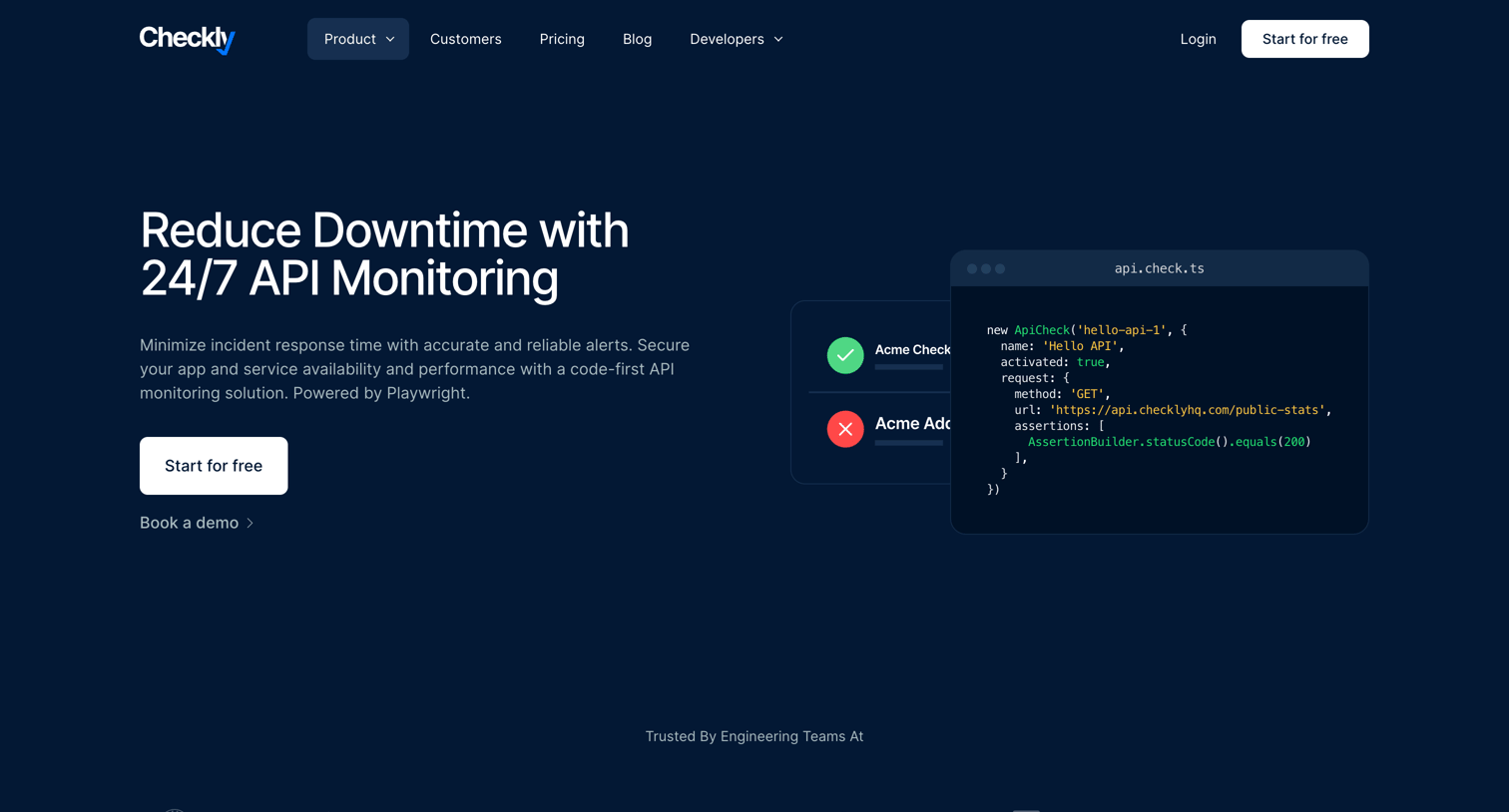 Checkly - Reduce Downtime with 247 API Monitoring screen