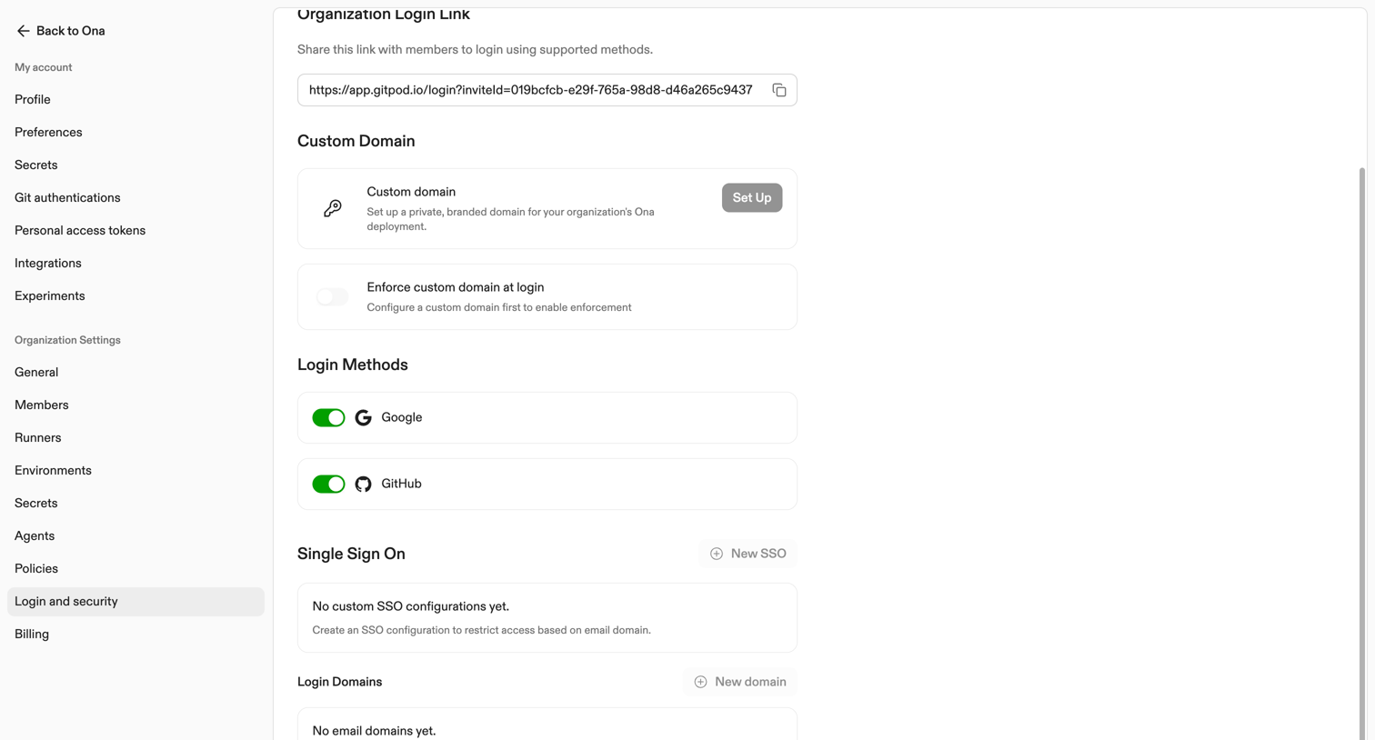Ona - Login and security | Ona screen