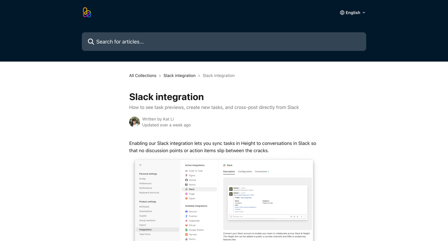 Height - Slack integration | Height Help Center screen
