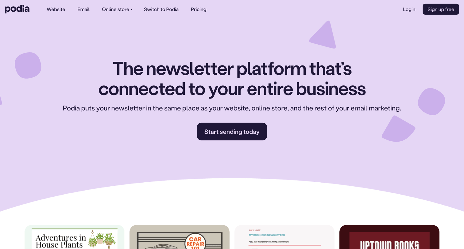 Podia - Send beautiful email newsletters for free | Podia screen