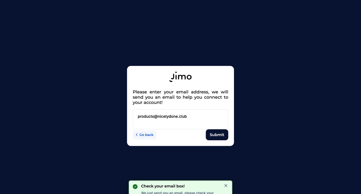 Jimo - Forgot pass · Jimo screen
