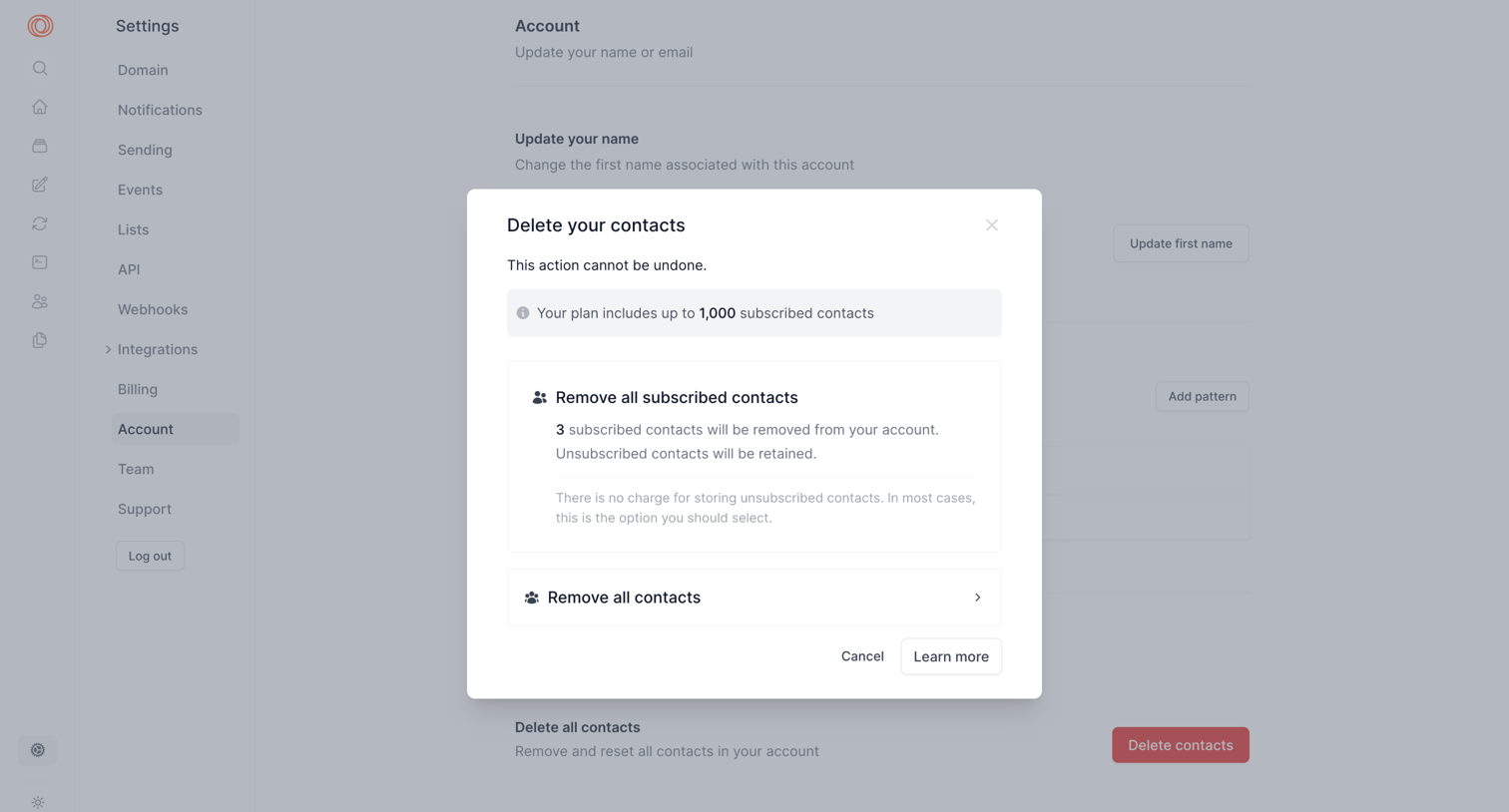 Loops - Settings | Account screen