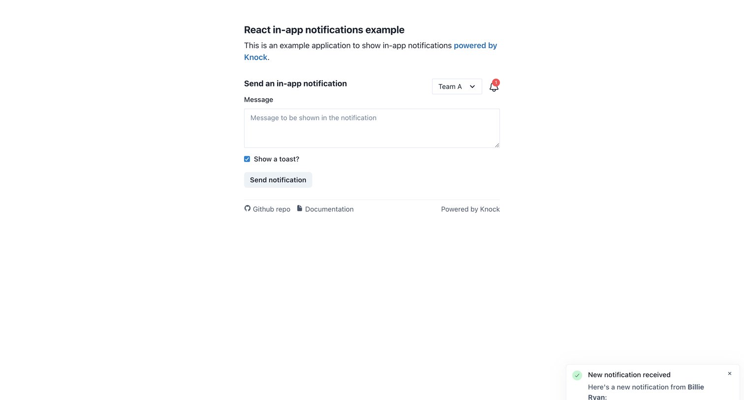 Knock - React in-app notifications example | Powered by Knock screen