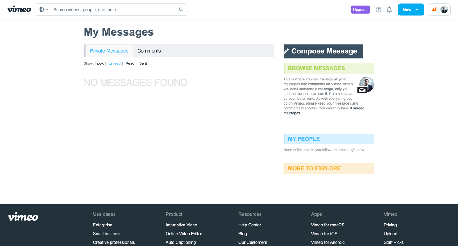 Vimeo - My Messages on Vimeo screen