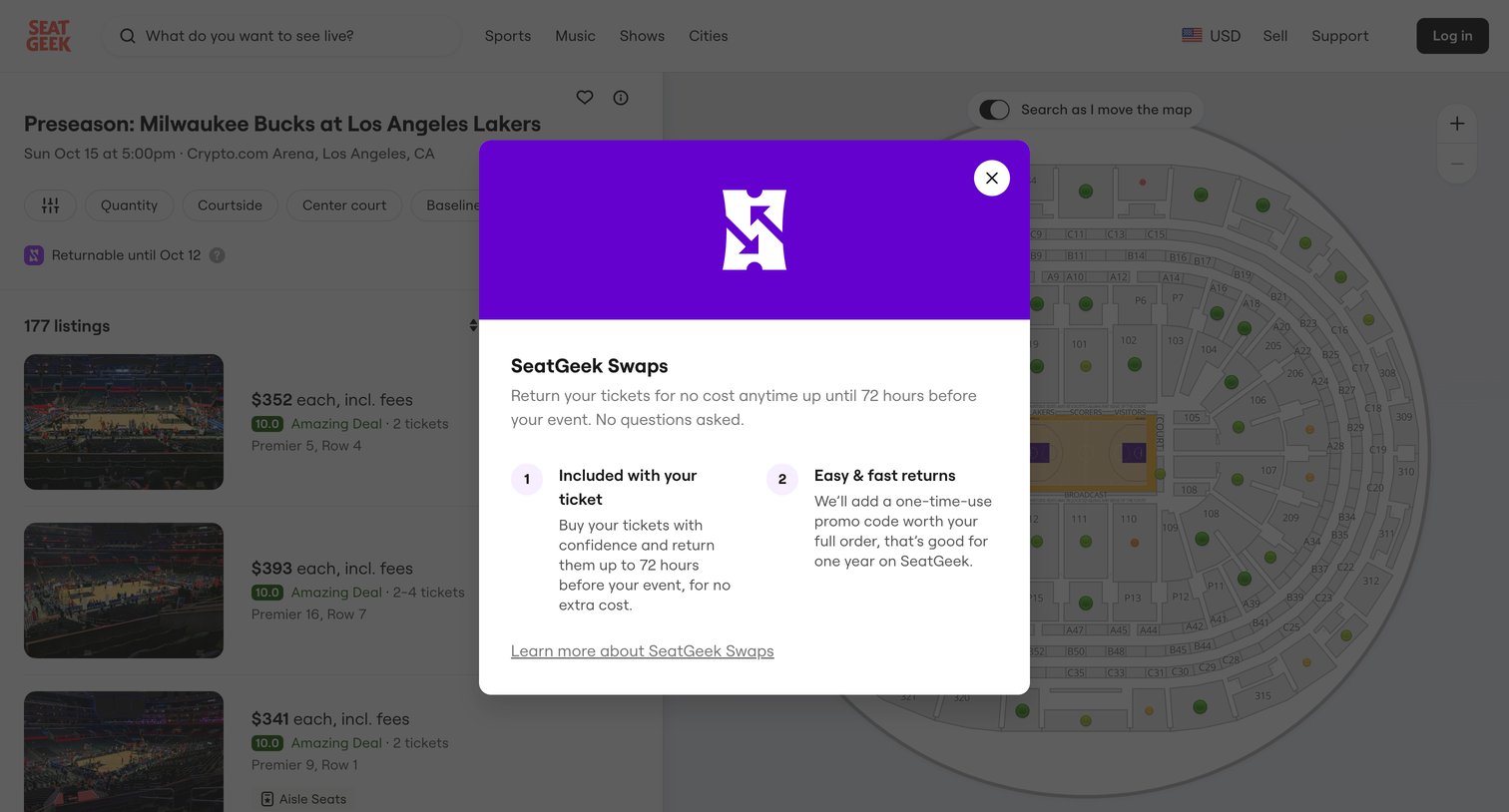 SeatGeek - Preseason Bucks at Lakers Tickets in Los Angeles Crypto.com Arena screen