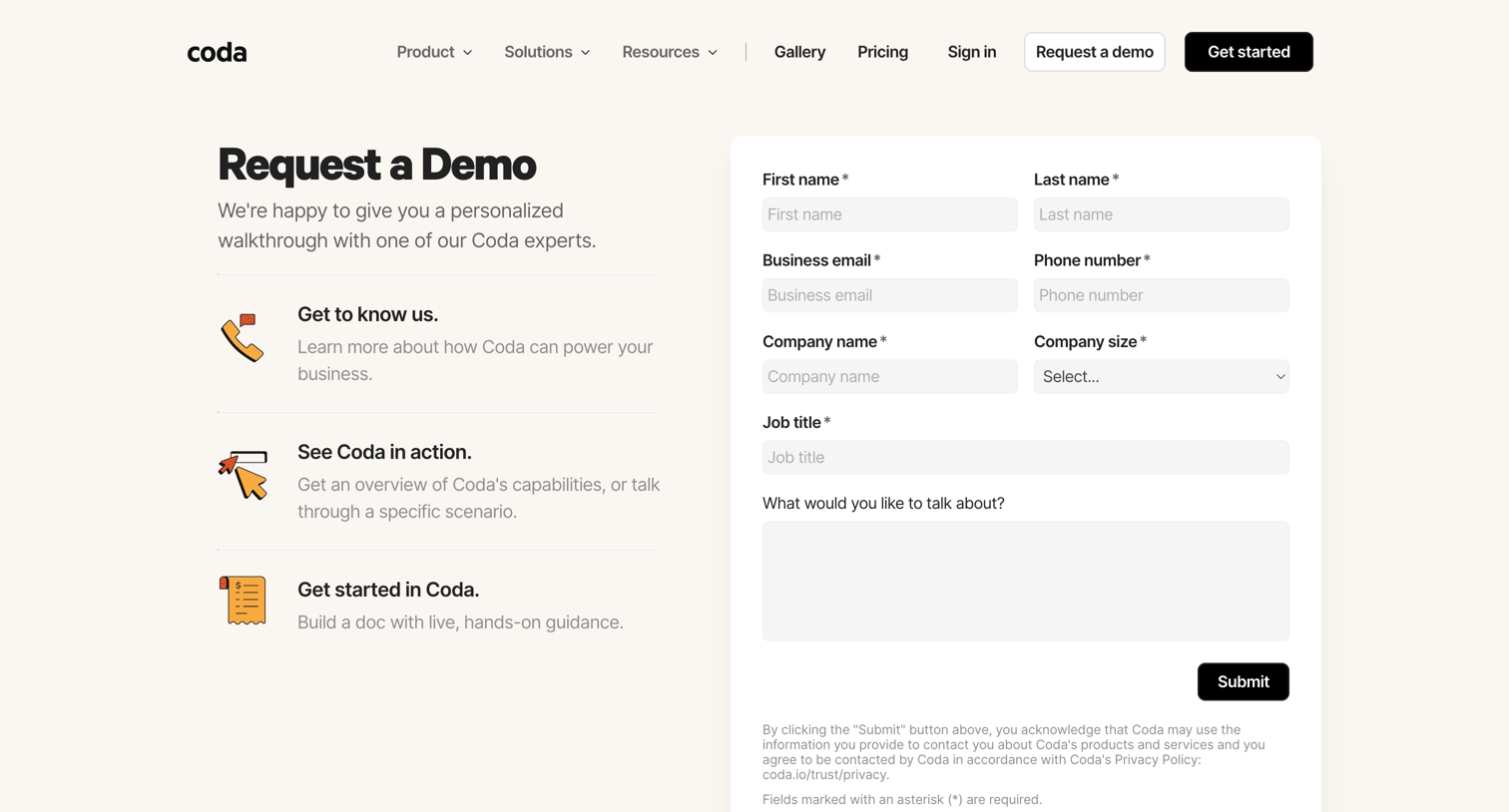Coda - Coda | Request a Coda product demo, custom product tour screen