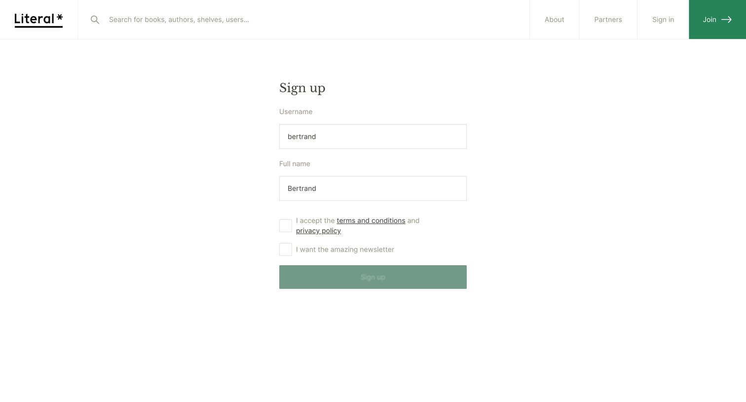Literal - Sign up | Literal screen