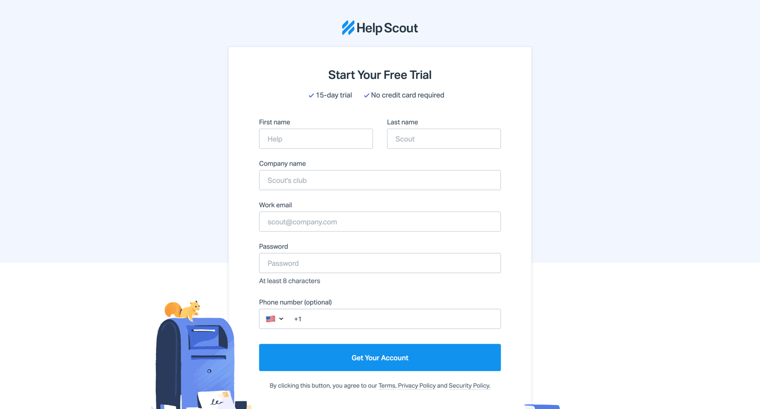 Help Scout - Sign up for a free Help Scout trial screen