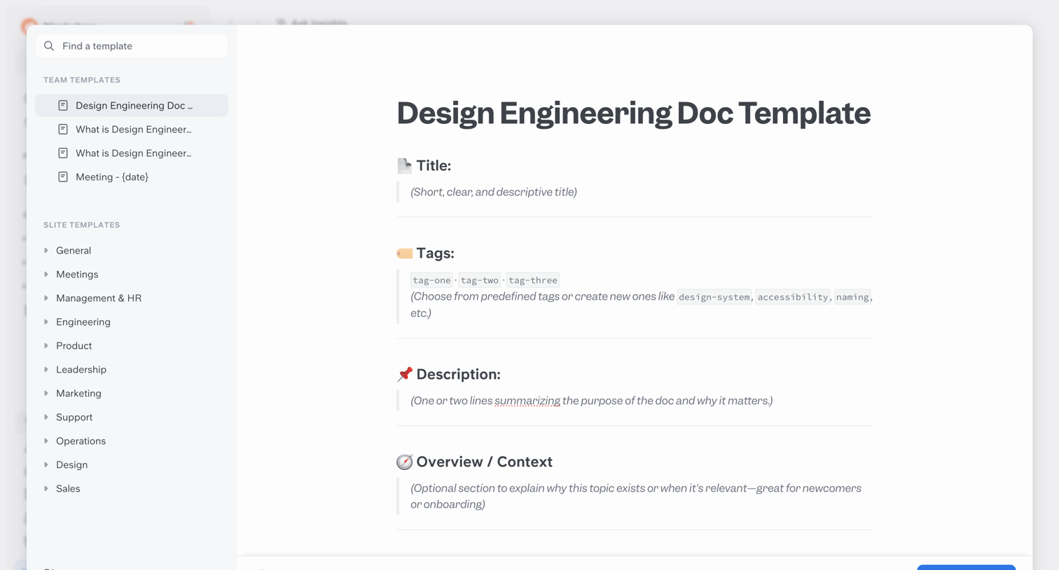 Slite - Design Engineering Doc Template - Templates screen