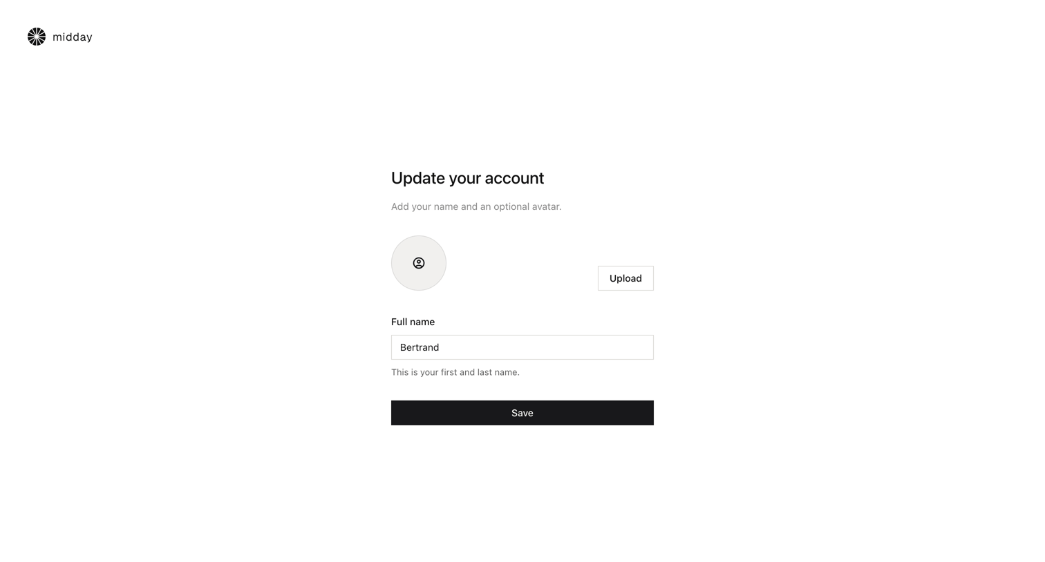 Midday - Setup account | Midday screen