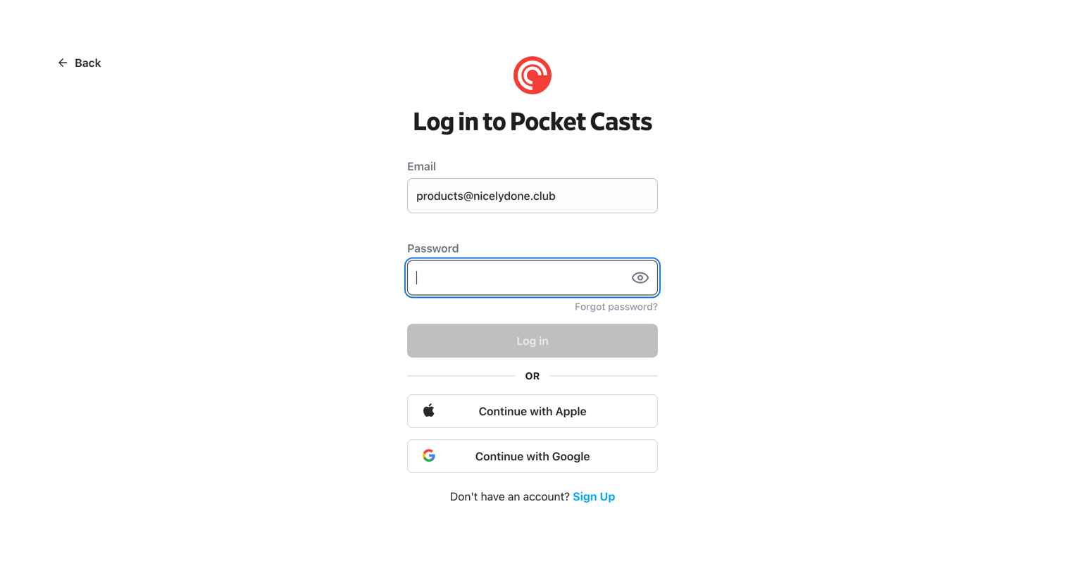 Pocket Casts - Log in - Pocket Casts screen