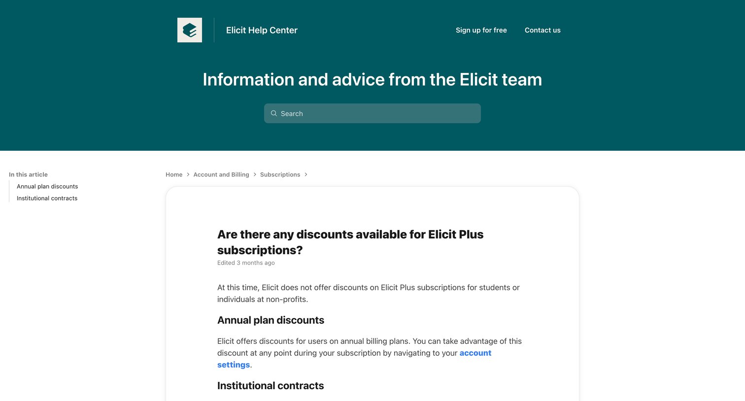 Elicit - Are there any discounts available for Elicit Plus subscriptions screen