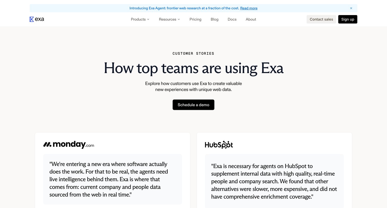 Exa - Customer Stories How top teams amplify their products with web search Exa screen