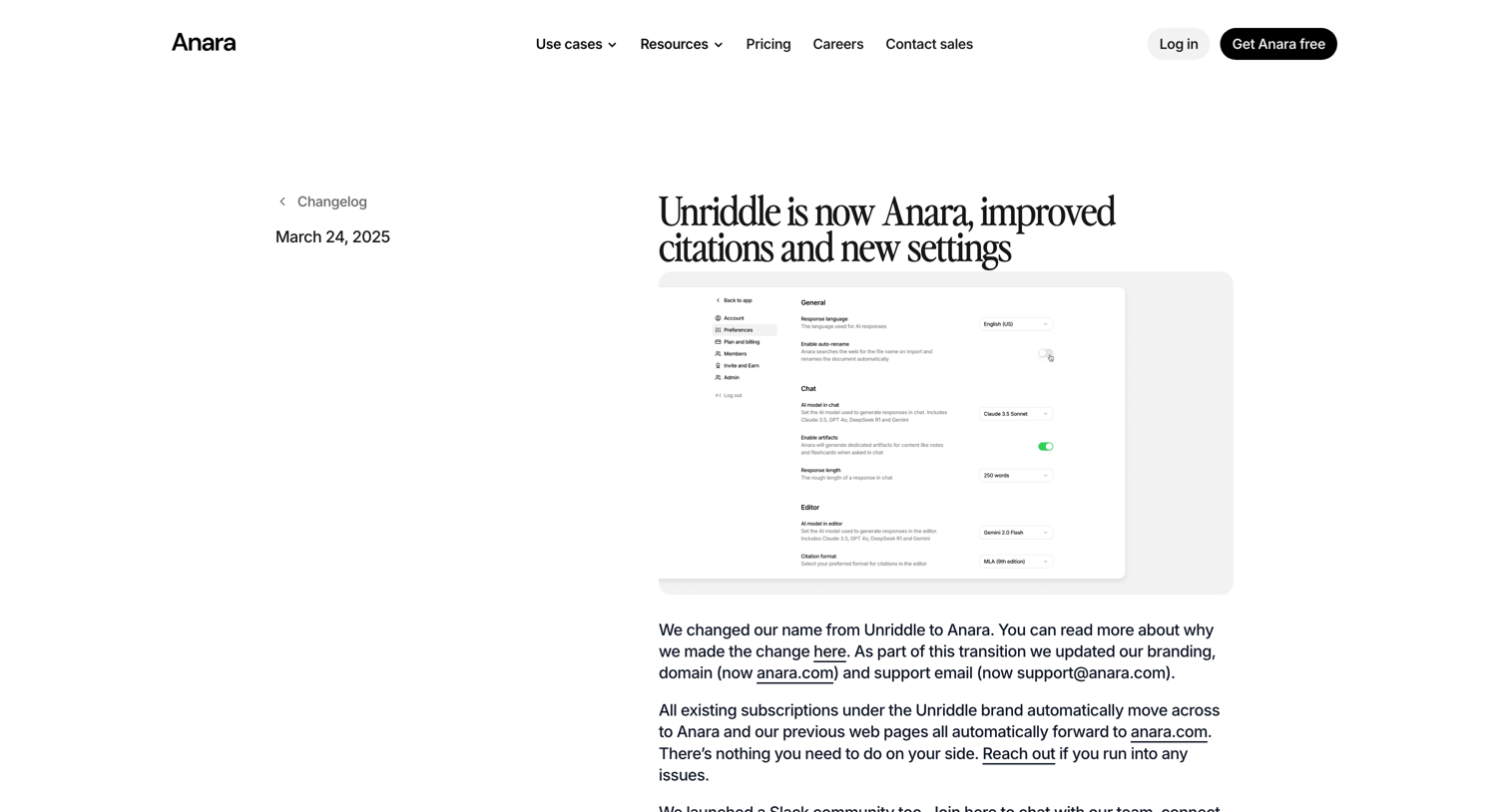 Anara - Unriddle is now Anara, improved citations and new settings  Anara Changelog screen