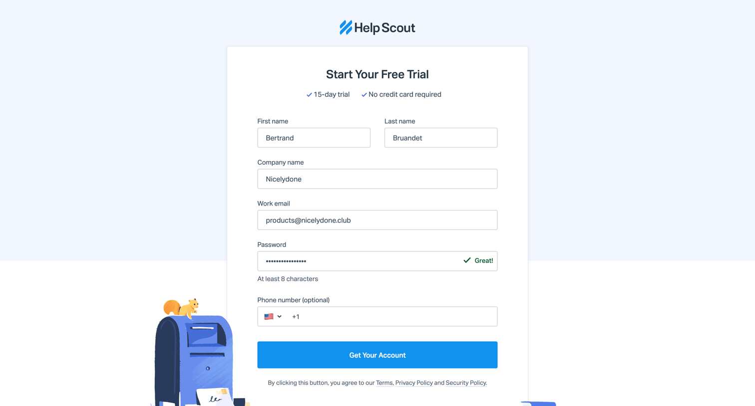 Help Scout - Sign up for a free Help Scout trial screen