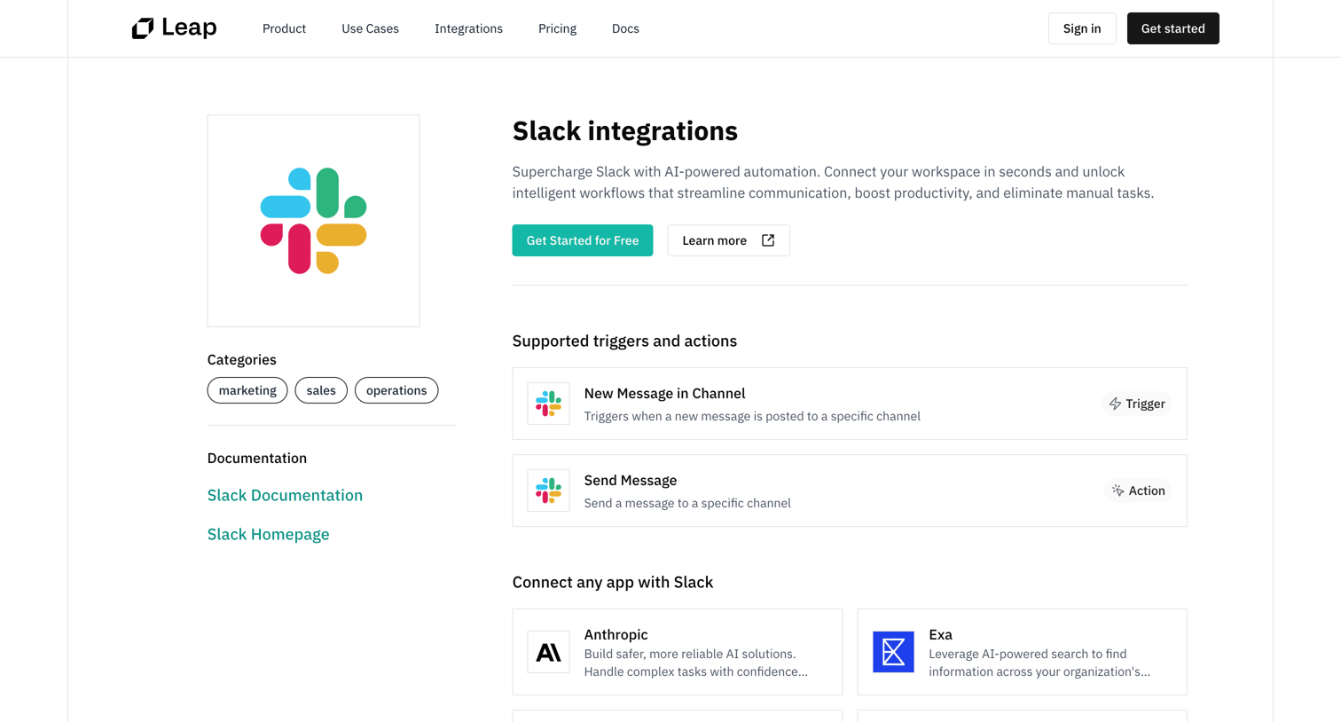 Leap - Slack integration - Leap screen