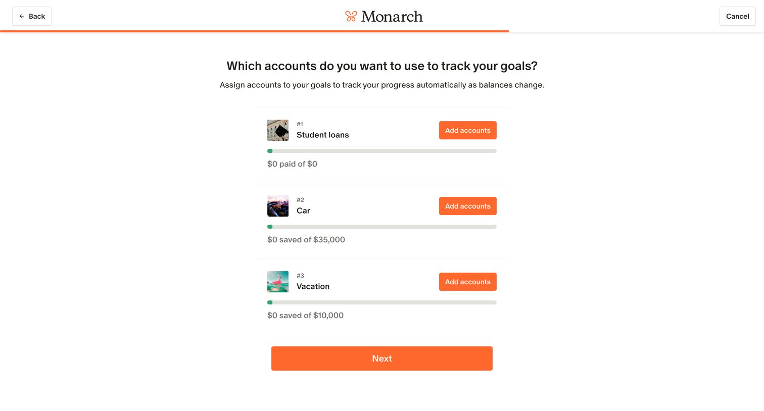 Monarch - Monarch | Goals setup screen