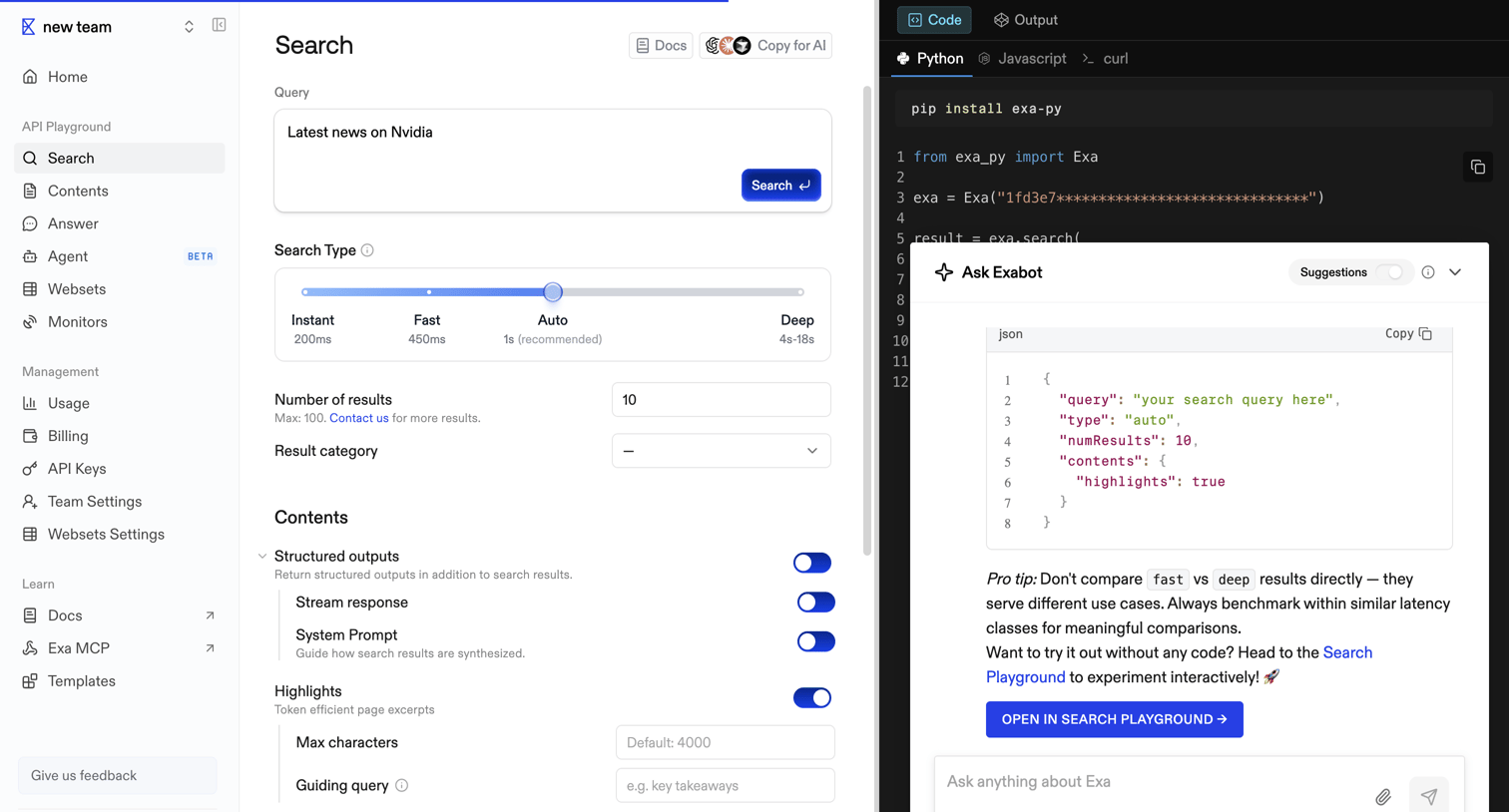 Exa - Playground | Exa API screen