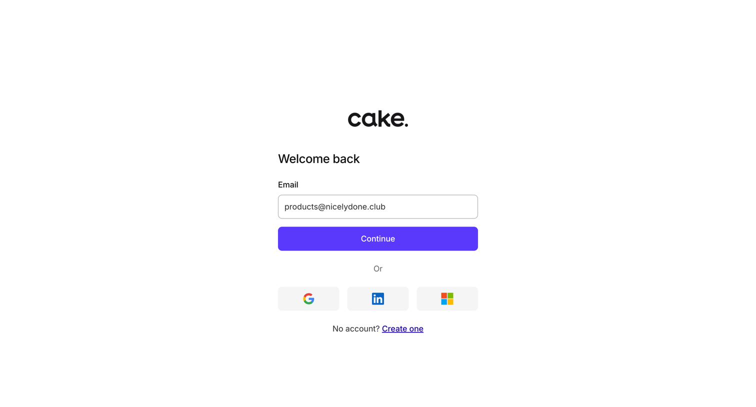 Cake - Sign in | Cake Equity screen