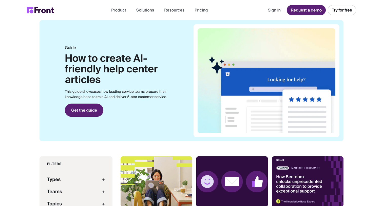 Front - Webinars, Ebooks and Guides | Front Resources screen