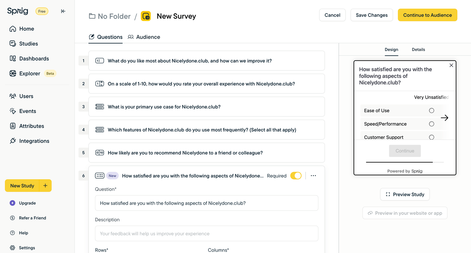 Sprig - Edit New Survey screen