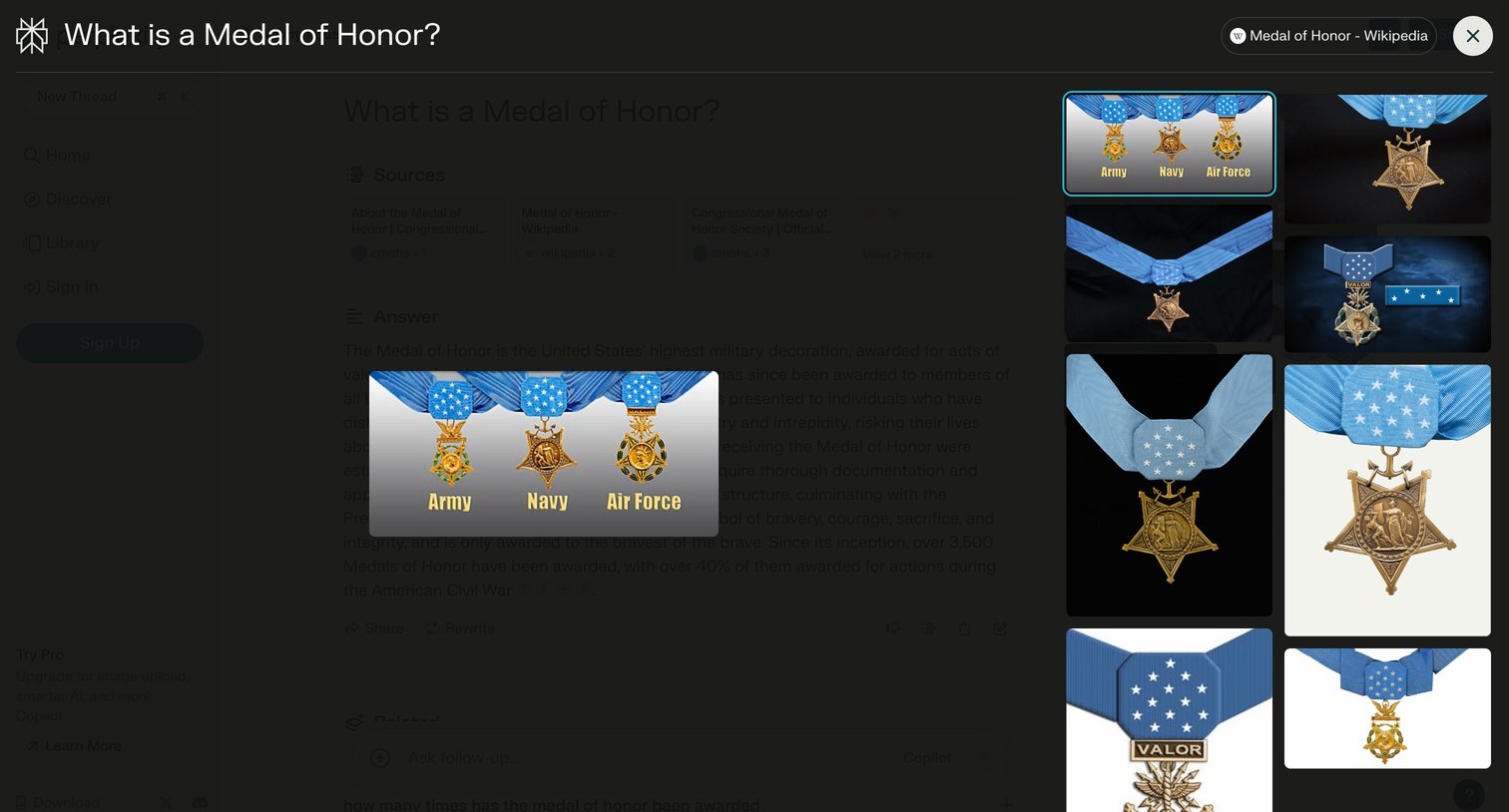 Perplexity - What is a Medal of Honor screen