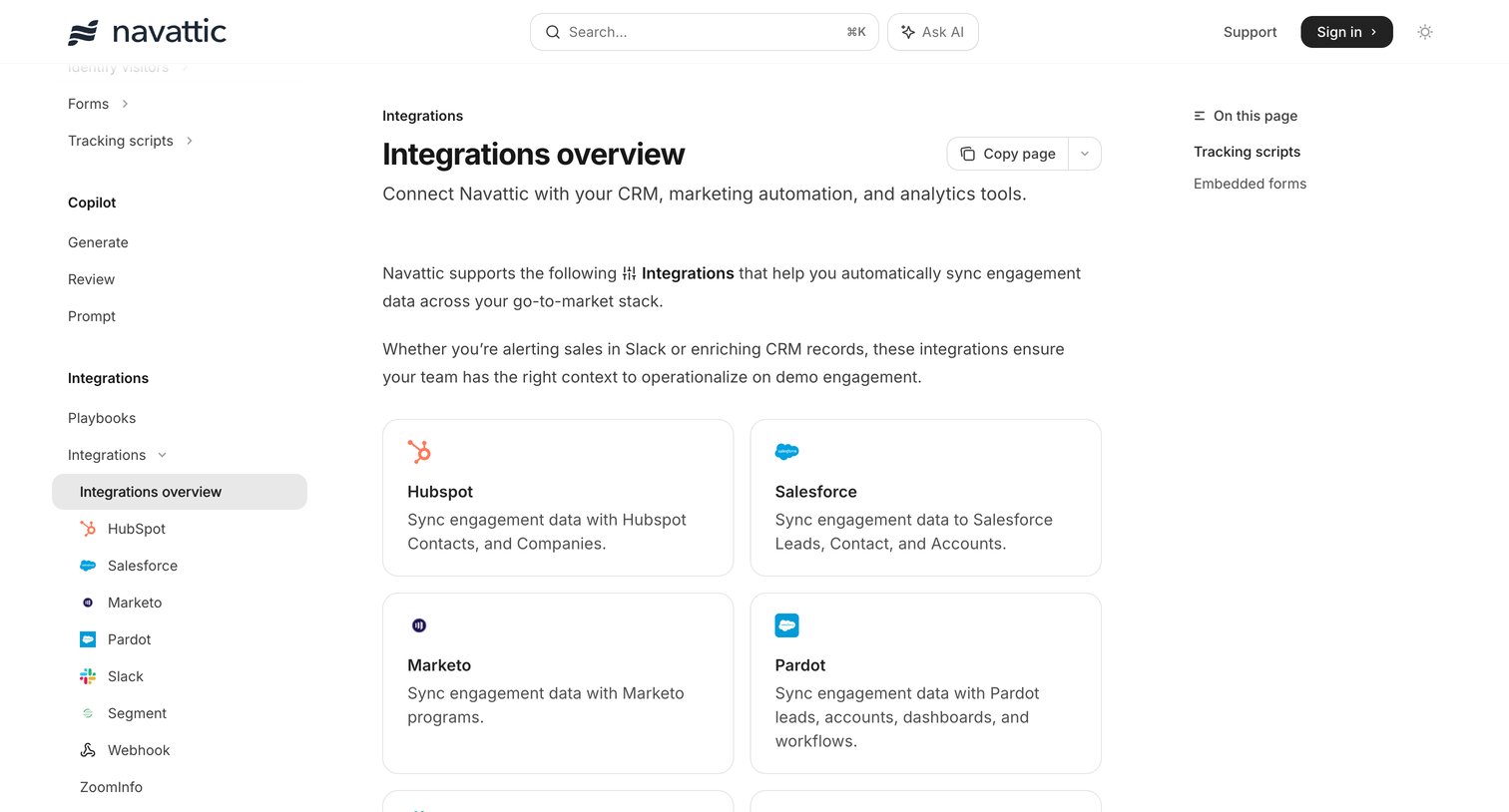 Navattic - Integrations overview - Navattic Documentation screen