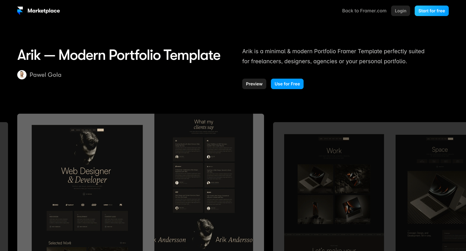 Framer - Arik — Modern Portfolio Template | Framer Marketplace screen
