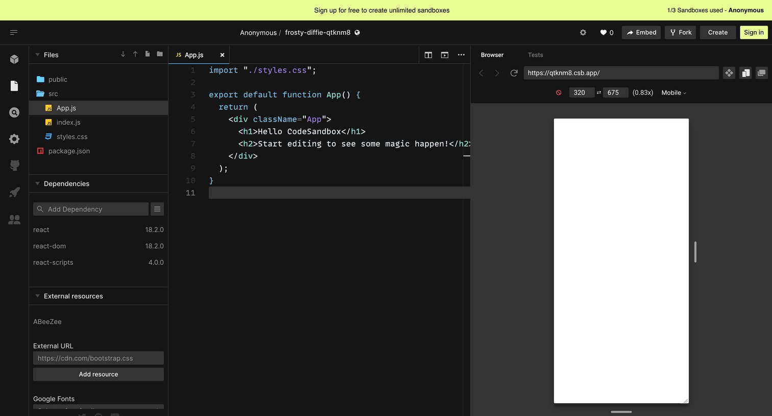 CodeSandbox - frosty-diffie-qtknm8 - CodeSandbox screen