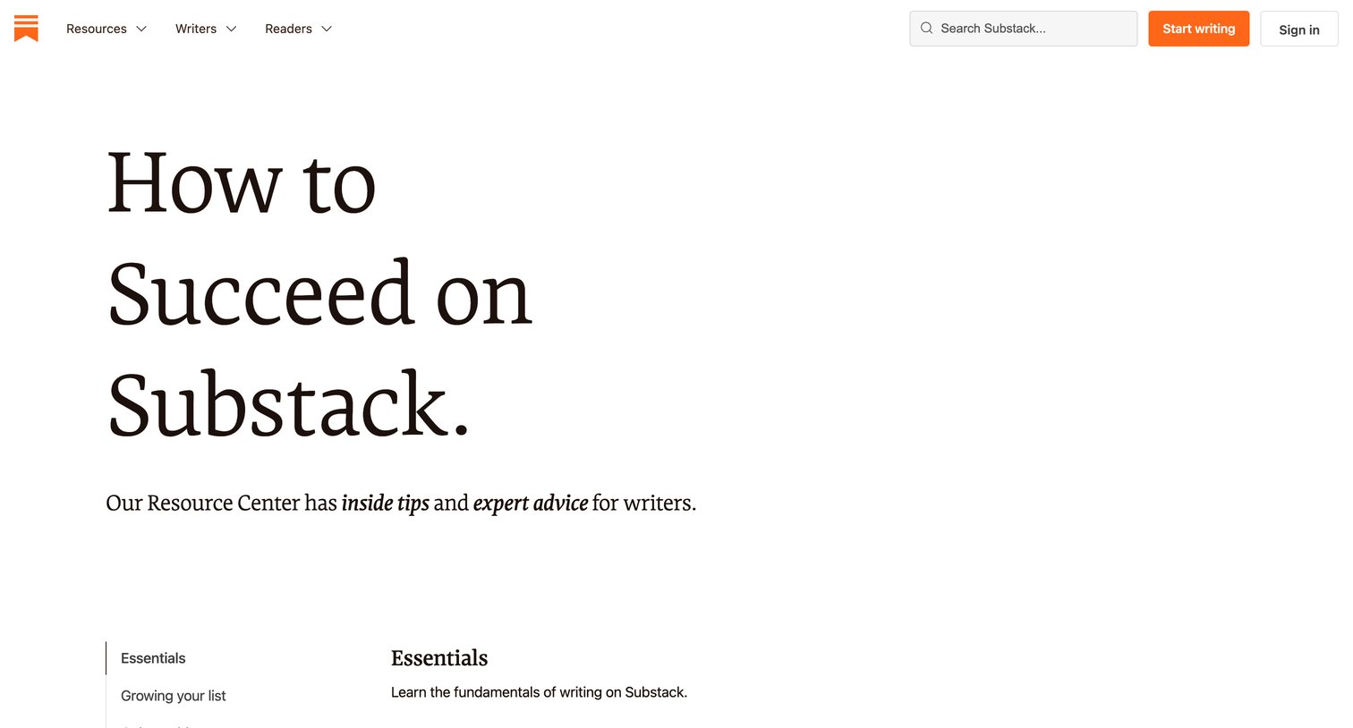 Substack - Substack - Writer Resources screen