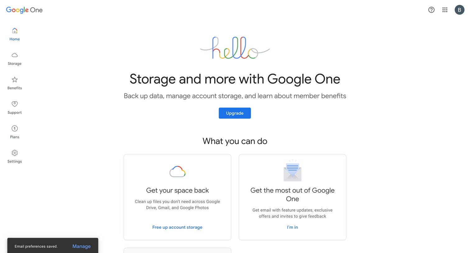 Google One - Google One Storage screen