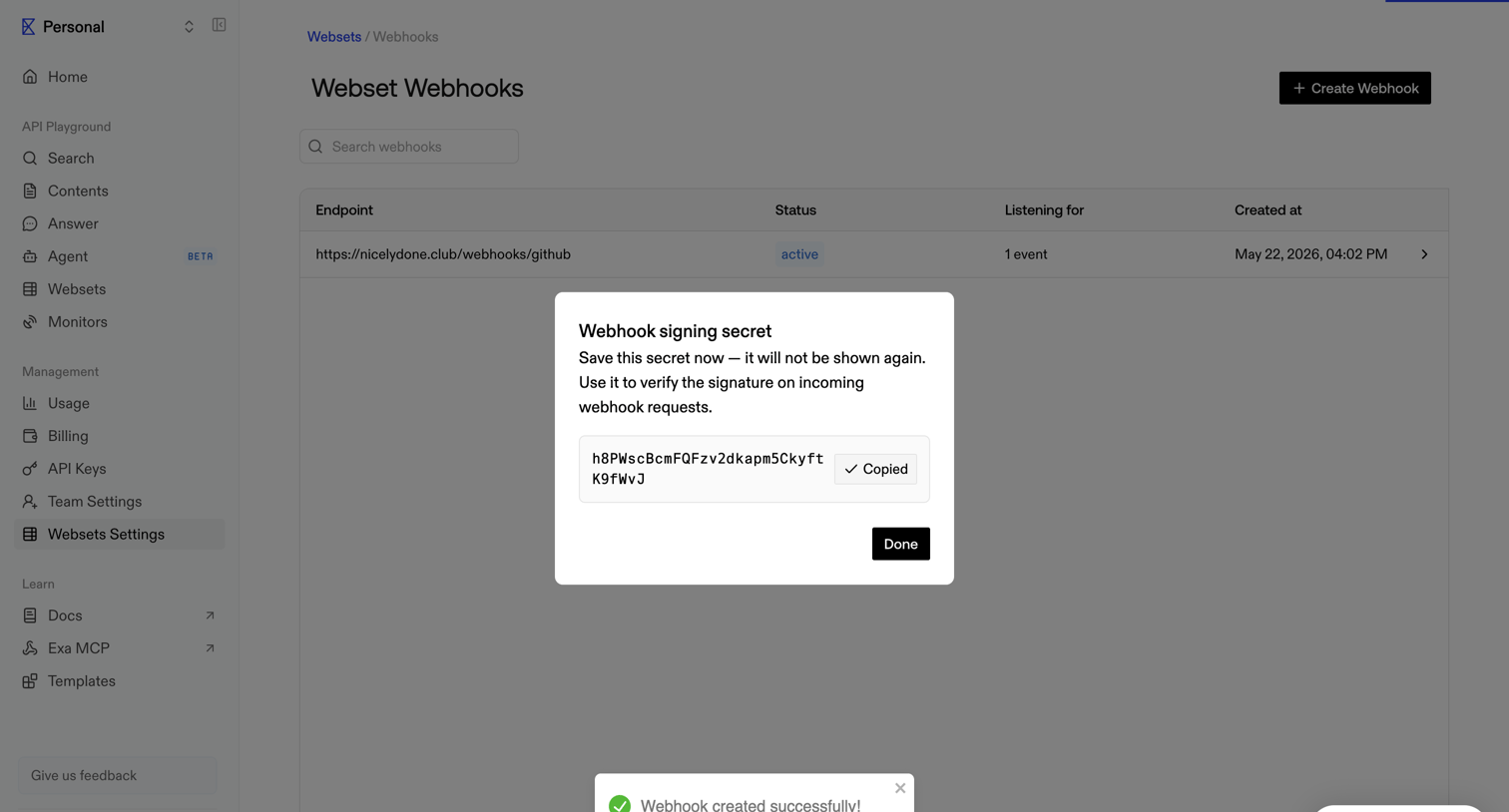 Exa - Webset Webhooks screen