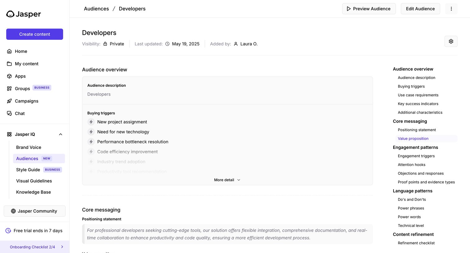 Jasper - Developers - Audiences - Jasper screen