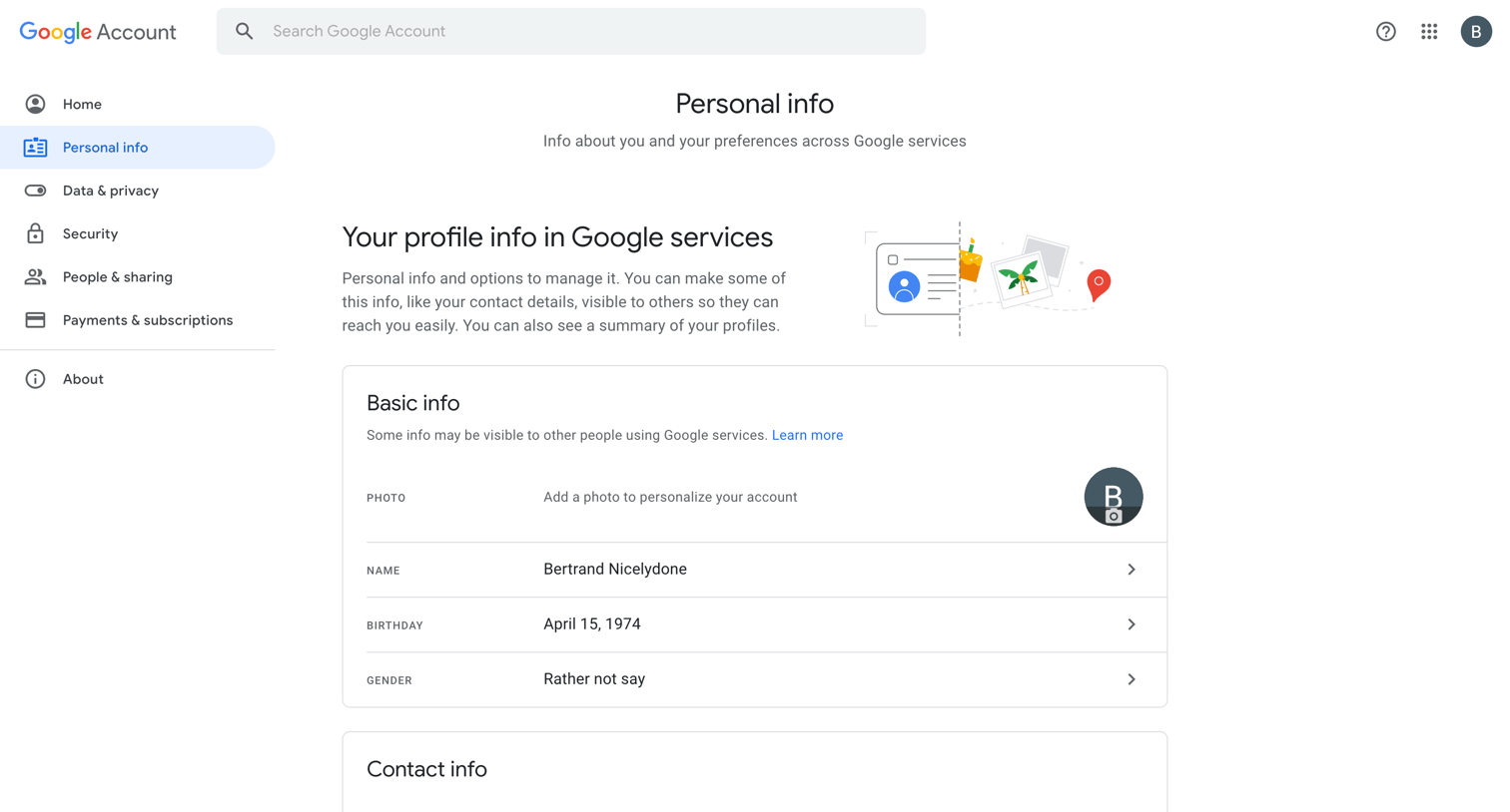 Google Account - Personal info screen