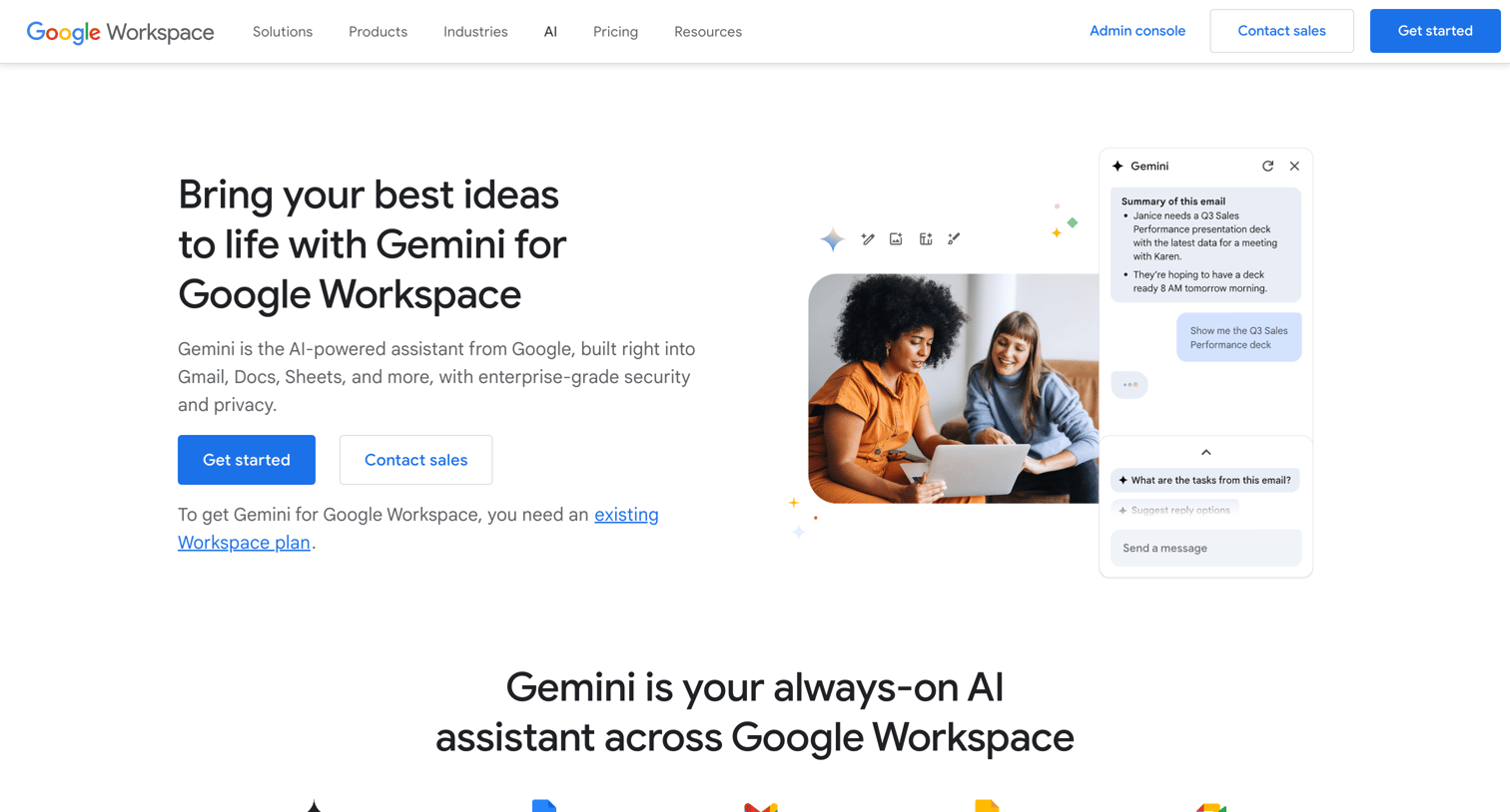 Gemini - Gemini for Google Workspace | Gen AI Tools for Business screen