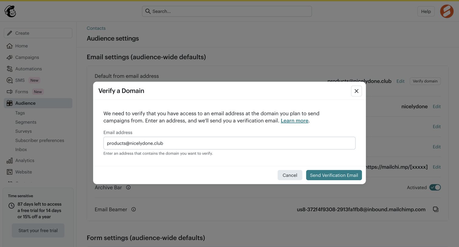 Mailchimp - Audience settings | Mailchimp screen