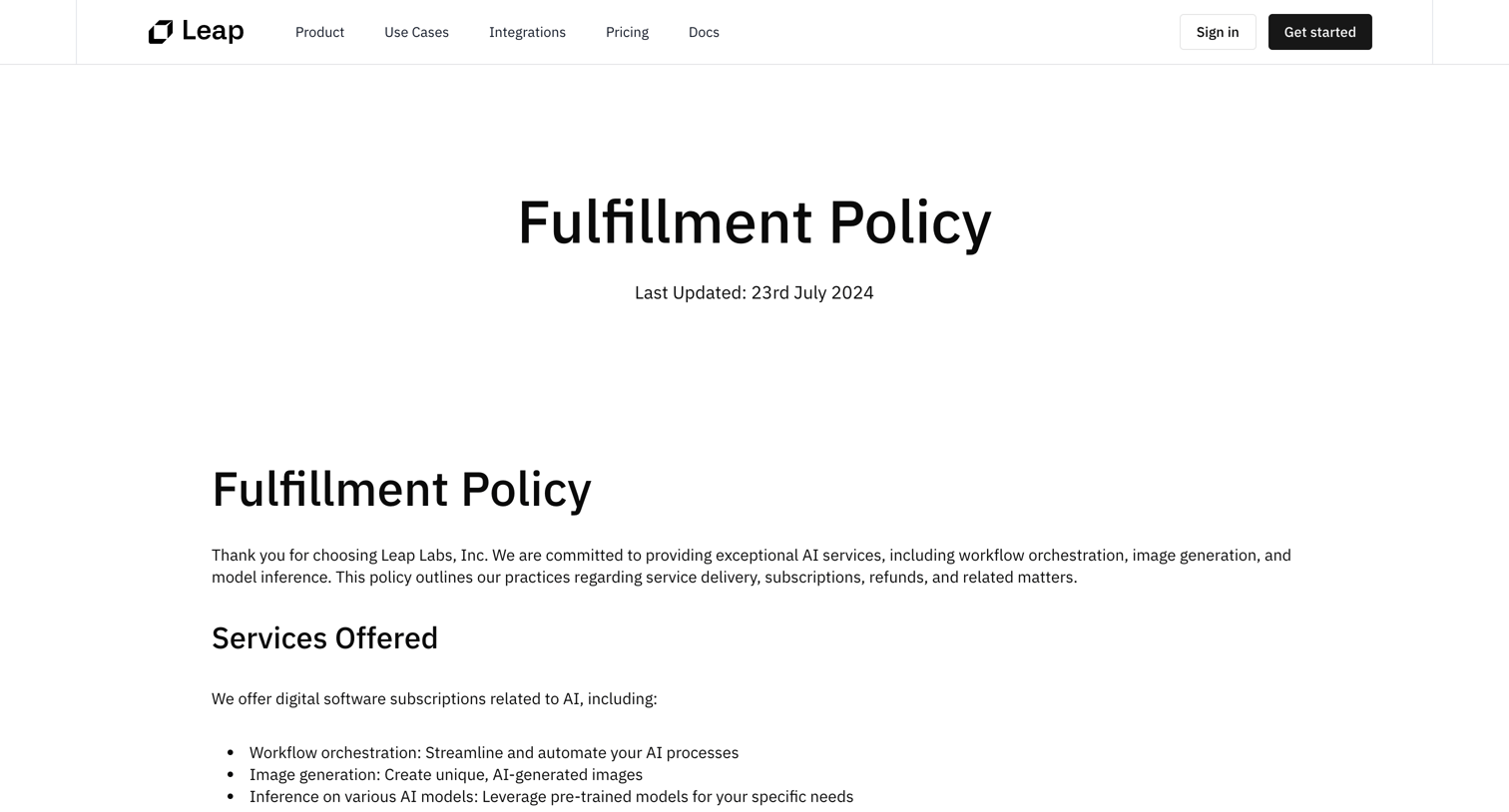 Leap - Fulfillment Policy | Leap AI screen