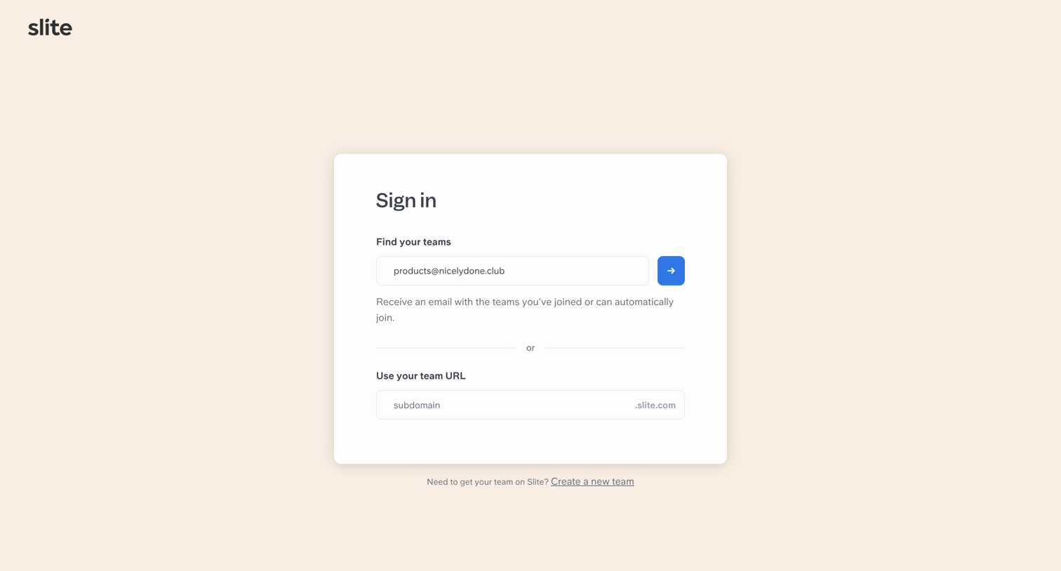 Slite - Sign in to your workspace | Slite screen