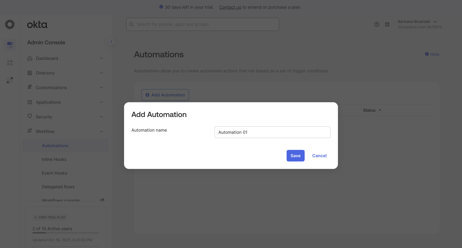 Okta - nicelydone-trial-5676070 - Automations screen