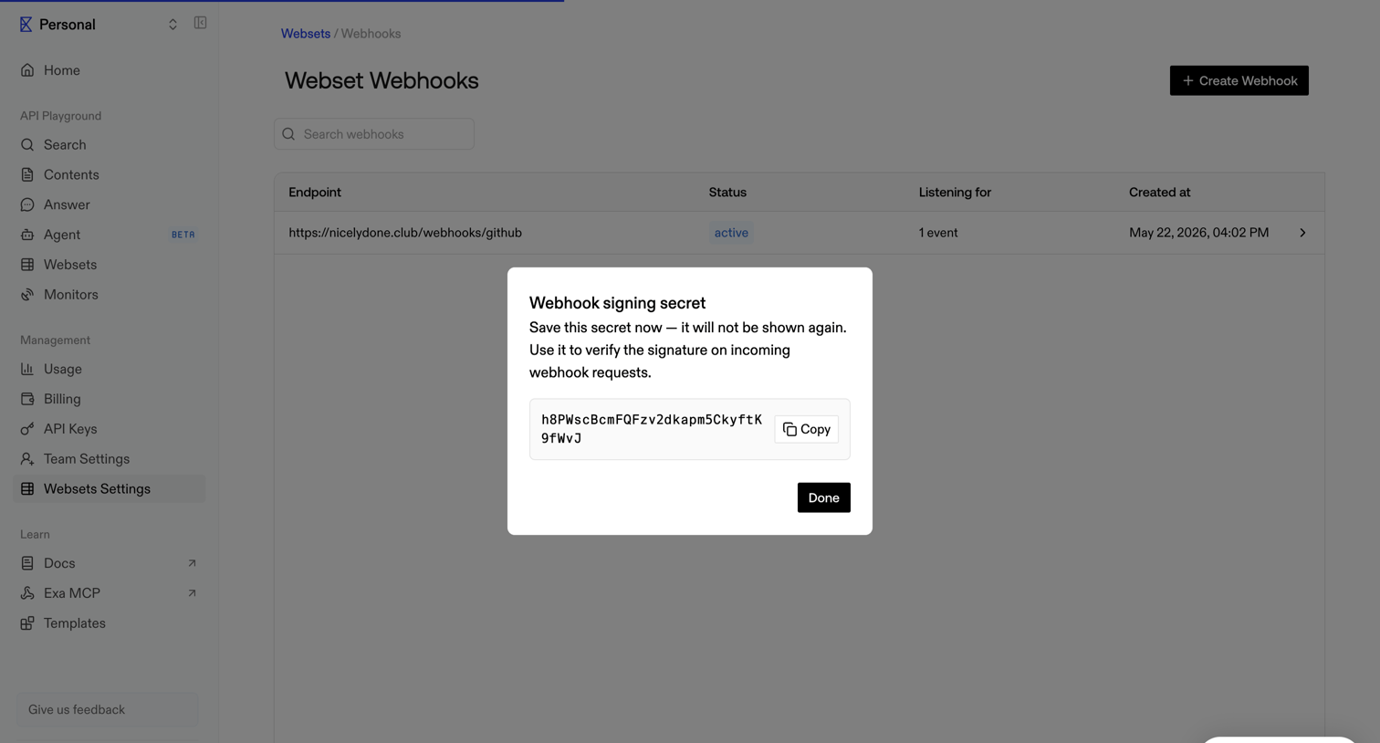 Exa - Webset Webhooks screen