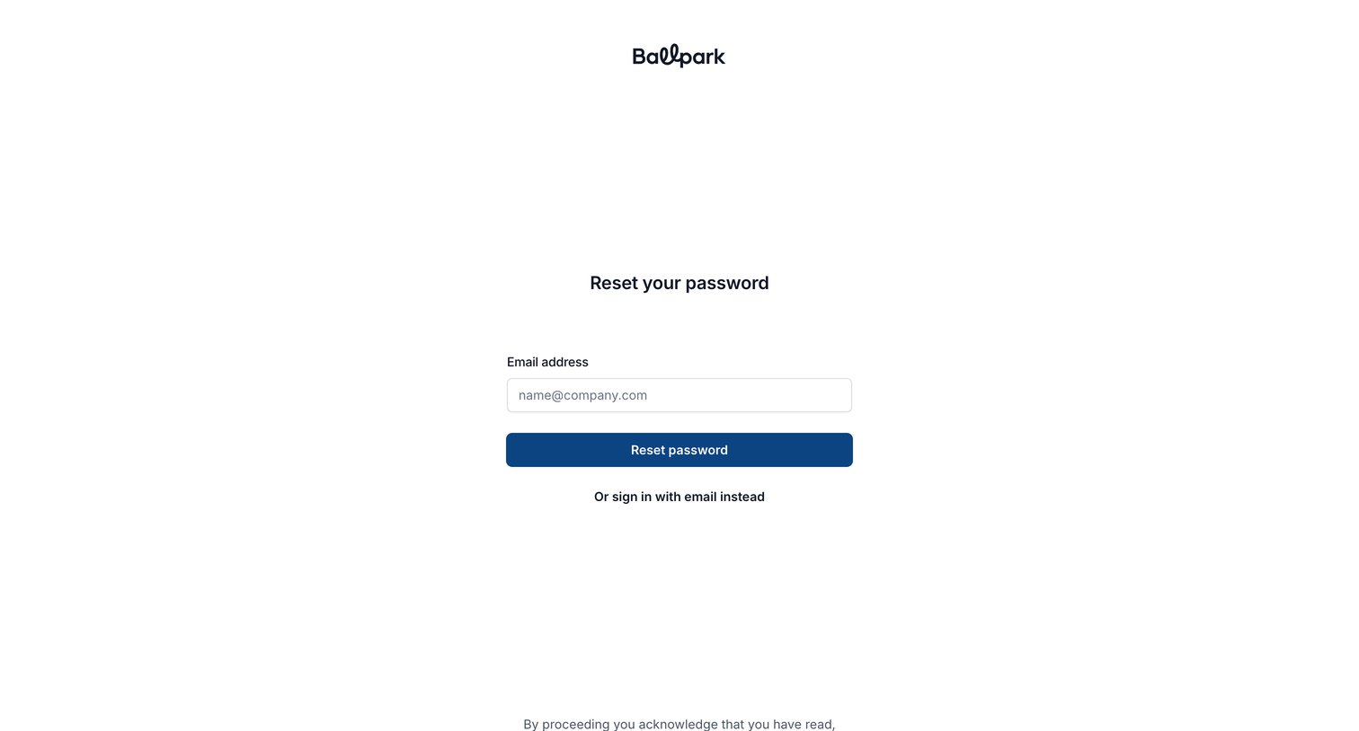 Ballpark - Reset your password | Ballpark screen