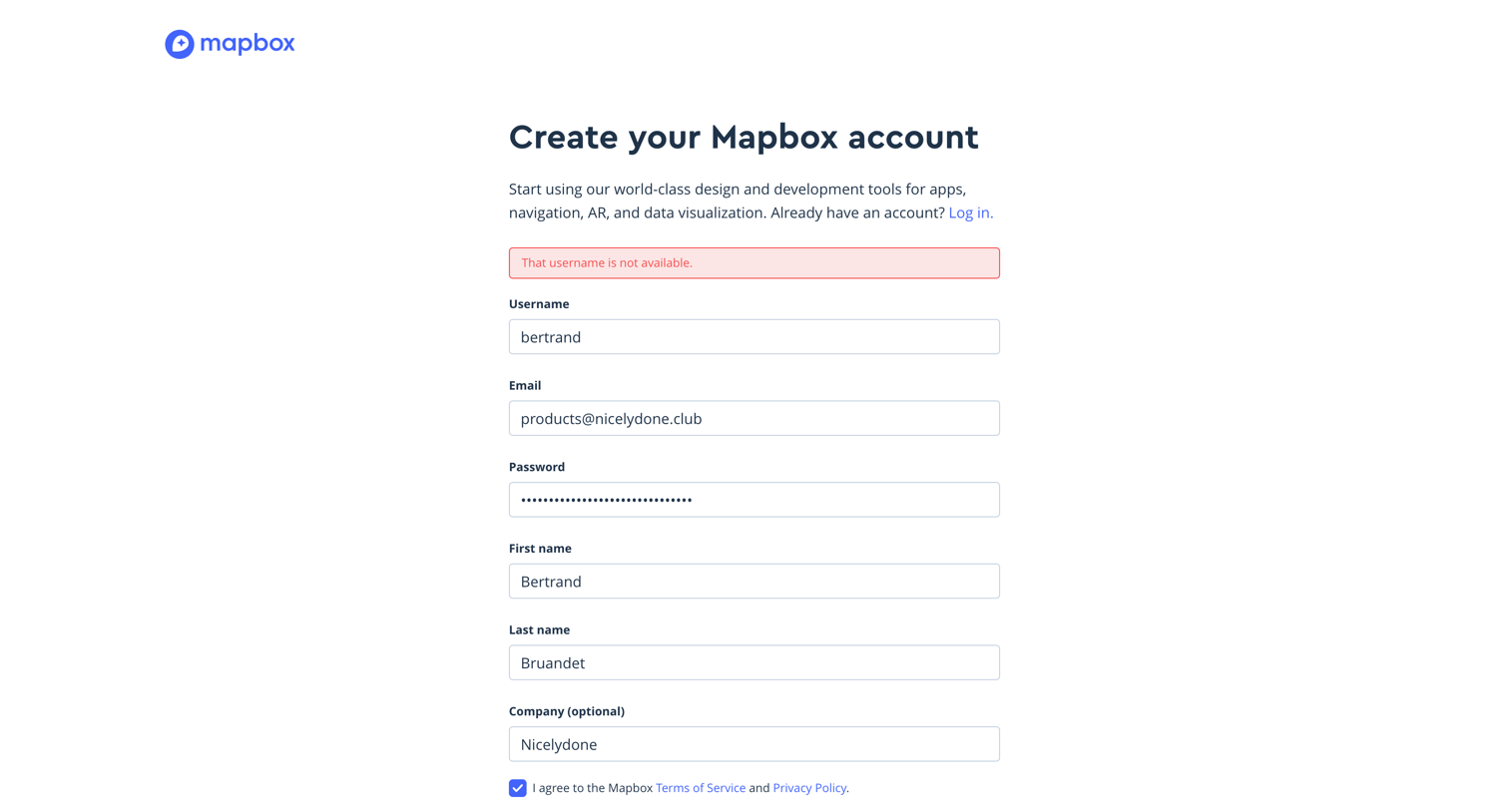 Mapbox - Sign up | Mapbox screen