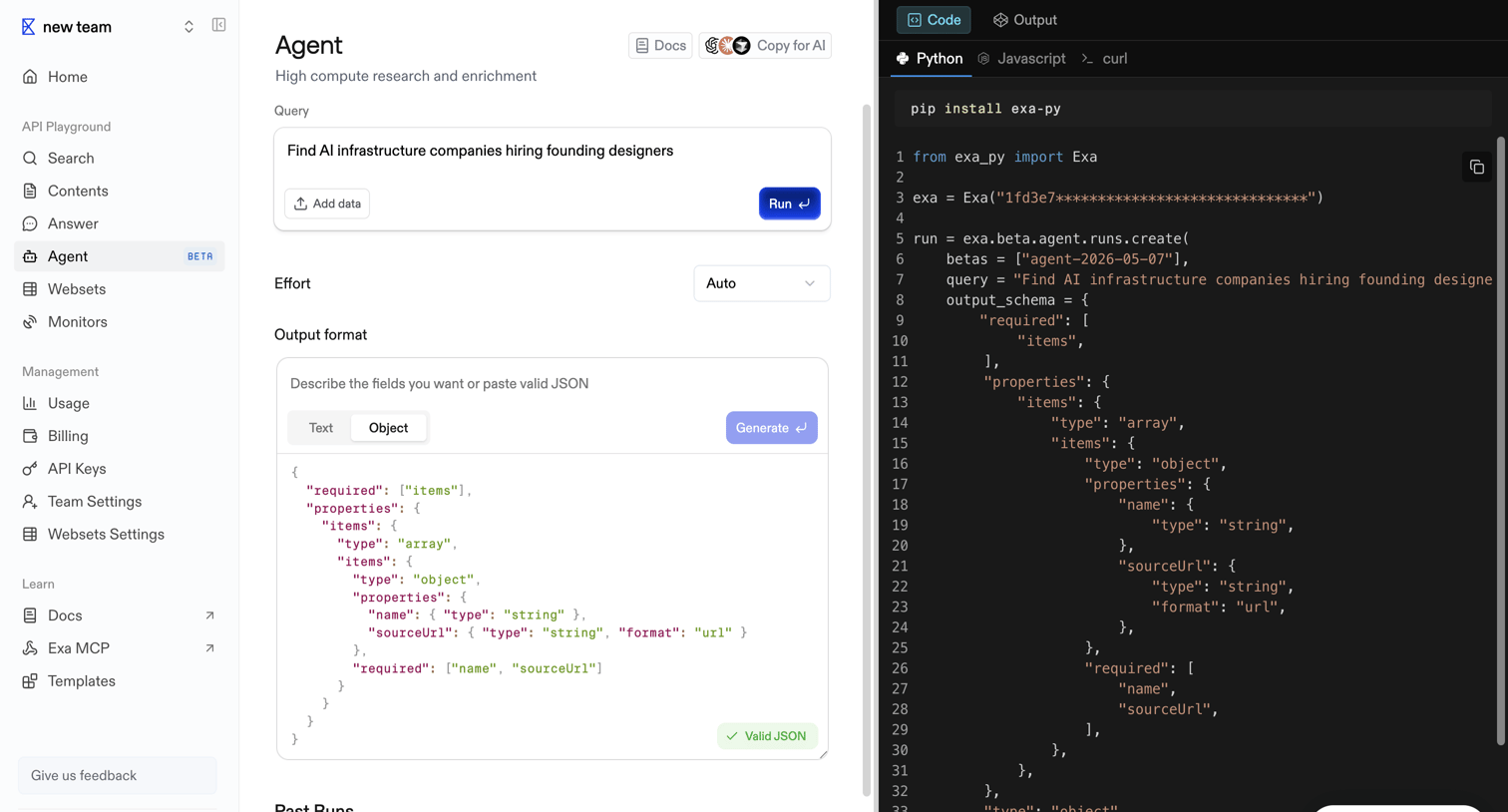 Exa - Playground | Exa API screen