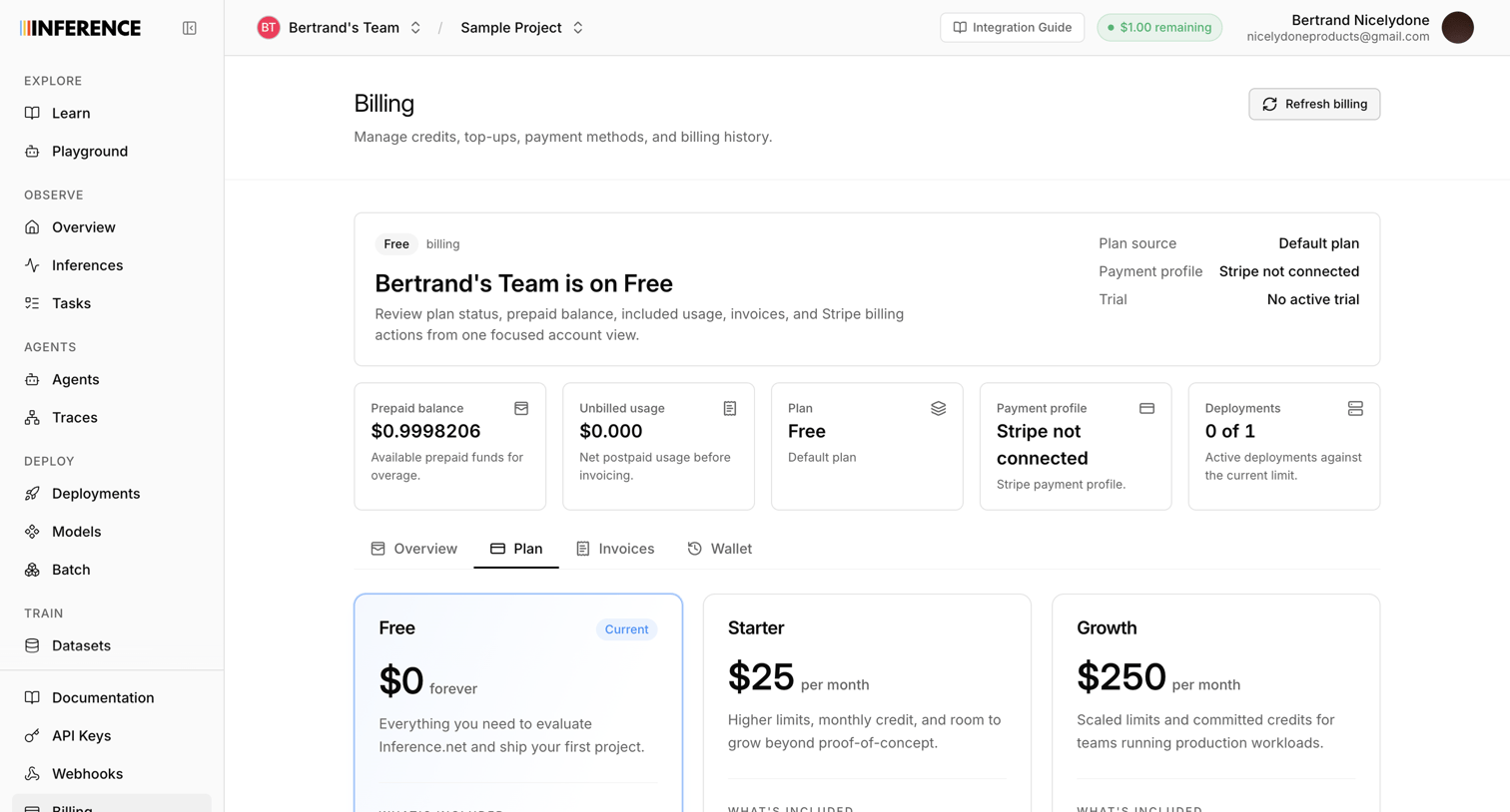 Inference - Dashboard | inference.net screen