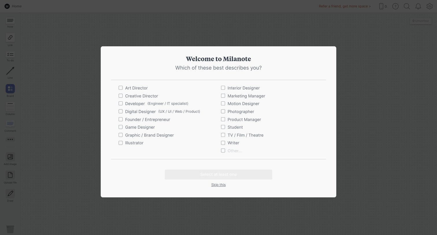 Milanote screen