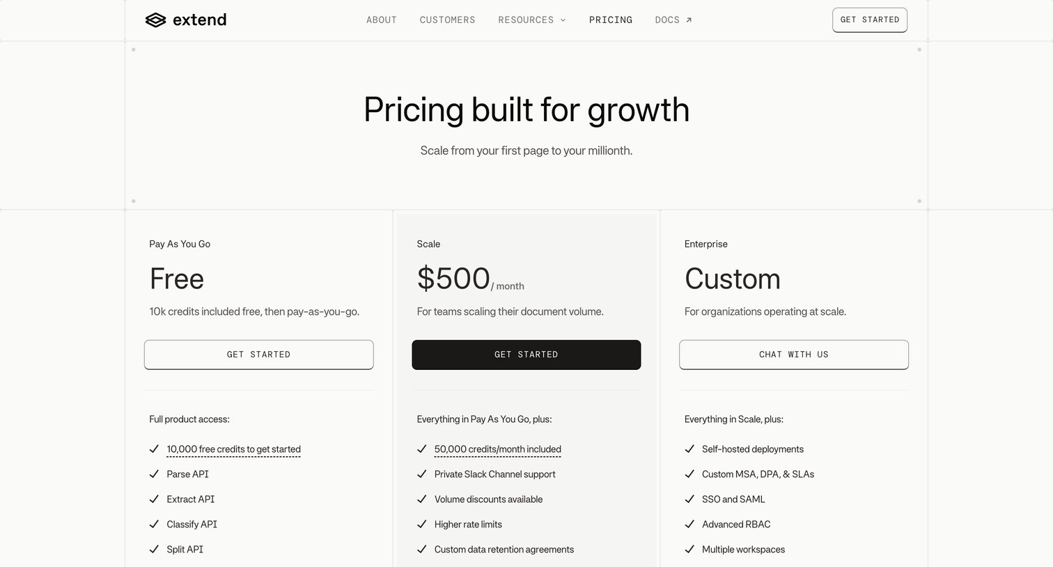 Extend - Extend Pricing | Document Processing Plans from Free to Enterprise screen