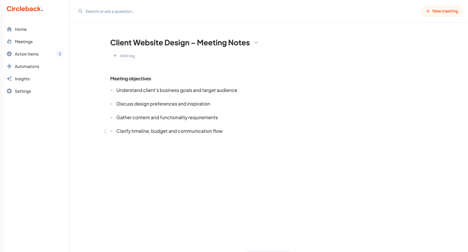 Circleback - New meeting - Circleback screen